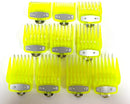 Neon yellow Clear Clipper Premium Guards set with metal clip – fits wahl and babyliss (10pc = 1-8, 0.5, 1.5)