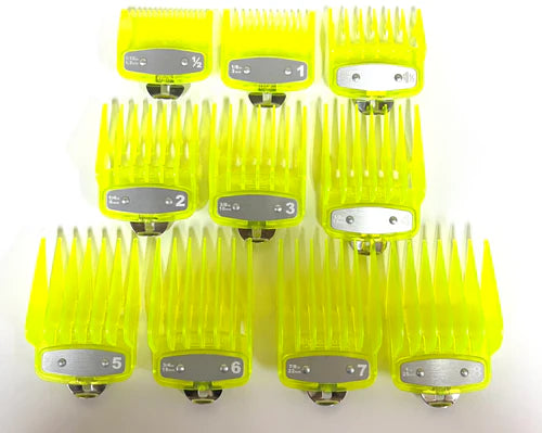 Neon yellow Clear Clipper Premium Guards set with metal clip – fits wahl and babyliss (10pc = 1-8, 0.5, 1.5)