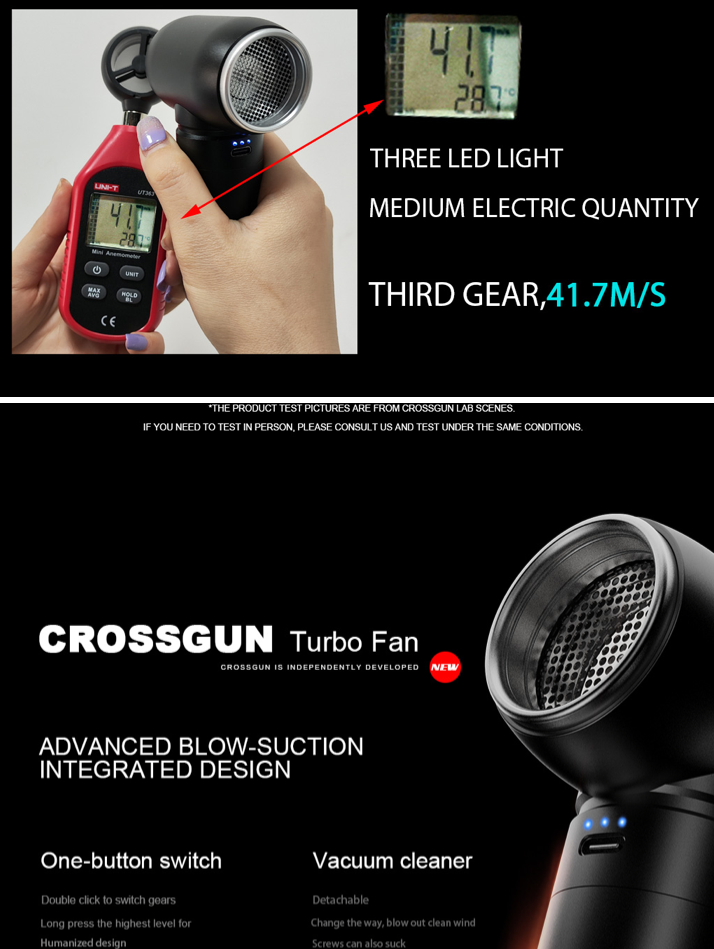 CROSSGUN Electric Cordless Mini Barber Strong Jet Turbo Fan Air Duster Black – with Integrated Vacuum Cleaner Accessory