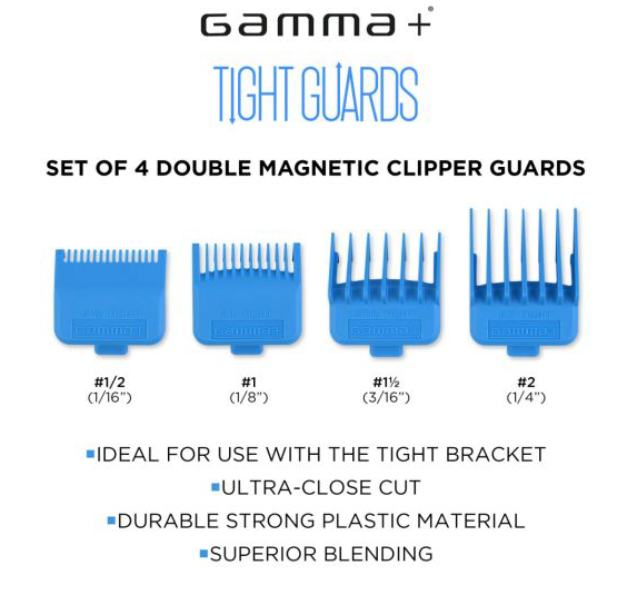 GAMMA+ DUB MAGNETIC TIGHT CLIPPER GUARDS 4-PACK CYAN BLUE