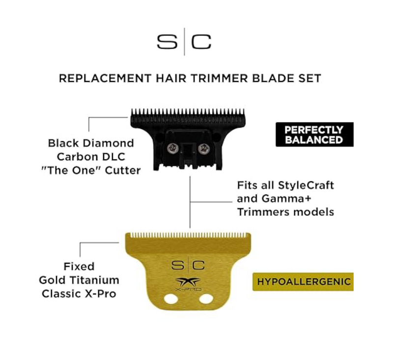 StyleCraft Replacement Fixed Gold Titanium Classic X-Pro Hair Trimmer Blade with Black Diamond Carbon DLC “The One Cutter Set” SC529GB