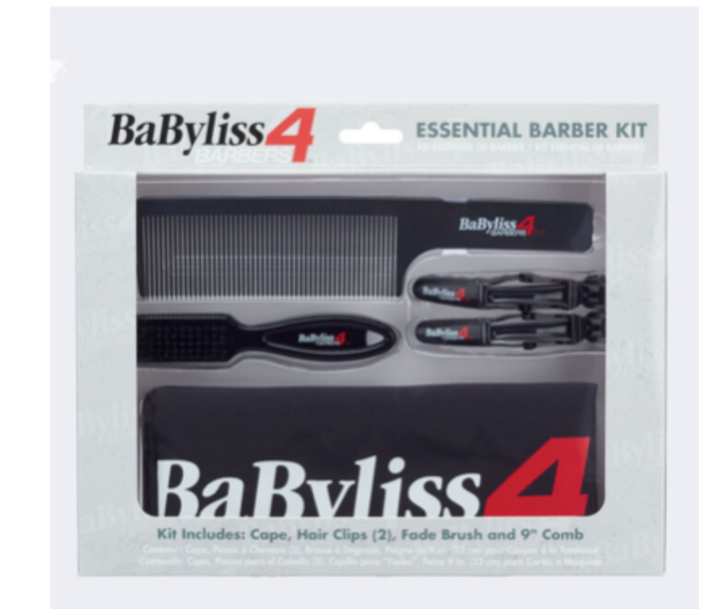 BABYLISSPRO BARBOLOGY ESSENTIAL BARBER KIT includes: cape, hair clips (2), fade brush, and 9” comb