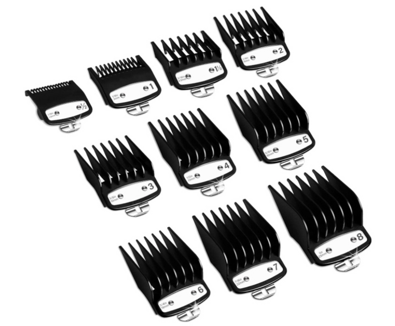 Juego de protectores premium para cortadora de pelo en color negro mate con clip de metal, compatible con Wahl y Babyliss (10 piezas = 1-8, 0,5, 1,5)