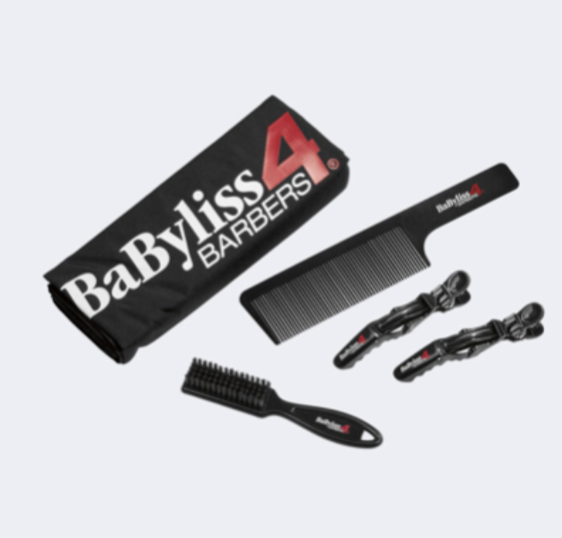 BABYLISSPRO BARBOLOGY ESSENTIAL BARBER KIT includes: cape, hair clips (2), fade brush, and 9” comb