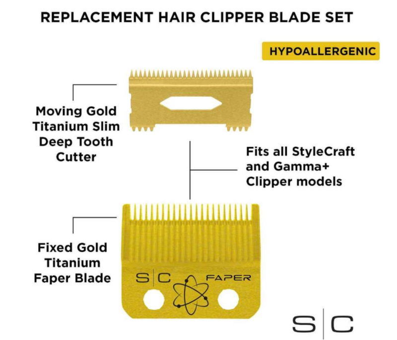 StyleCraft S|C REPLACEMENT FIXED GOLD FAPER CLIPPER BLADE WITH GOLD MOVING SLIM DEEP TOOTH CUTTER SET