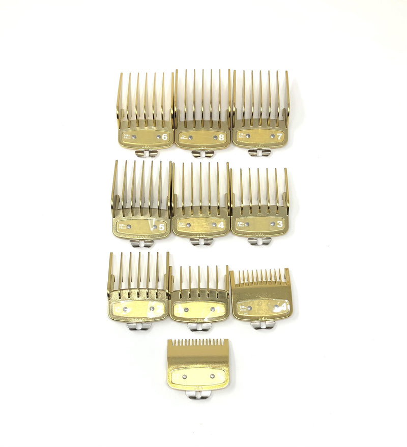 Juego de protectores premium Gold Clipper con clip de metal; se adapta a Wahl y Babyliss (10 piezas = 1-8, 0,5, 1,5)