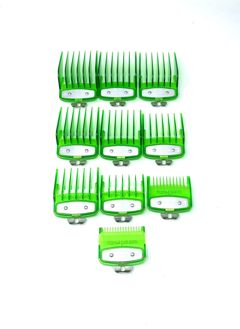 Green Clear Clipper guards set with metal clip – fits wahl and babyliss (1-8, 0.5, 1.5)