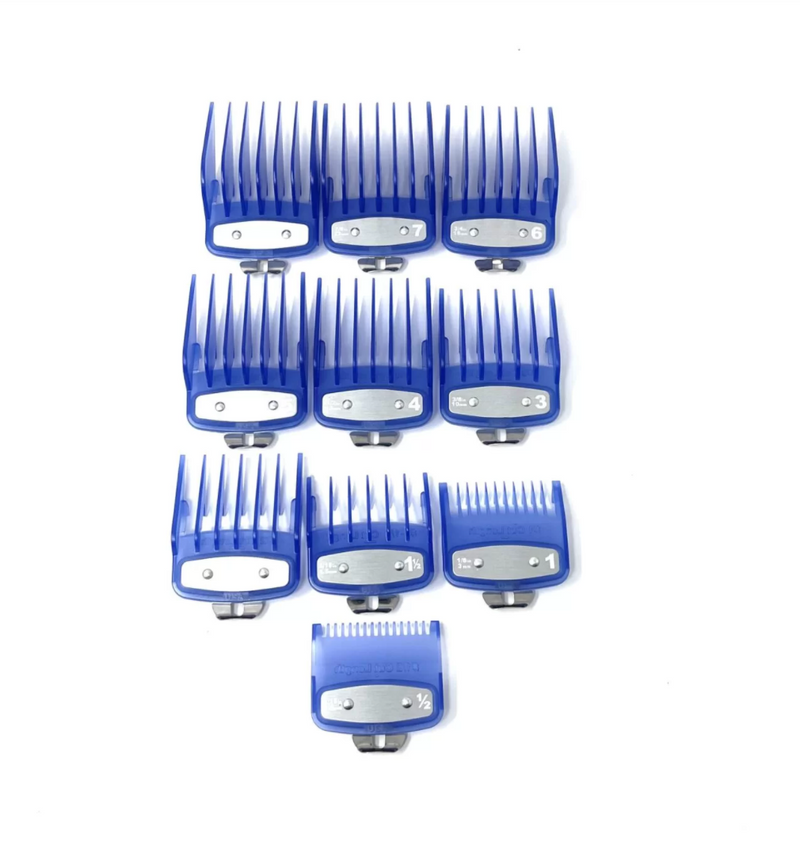 Blue Clear Clipper Premium Guards set with metal clip – fits wahl and babyliss (10pc = 1-8, 0.5, 1.5)