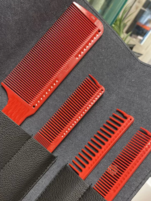 JRL Barber Red Comb Set with leather bag – 4 pcs J301, J302, J304, J202