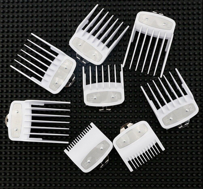 Solid White Clipper Premium Guards set with metal clip – fits wahl and babyliss (10pc = 1-8, 0.5, 1.5)