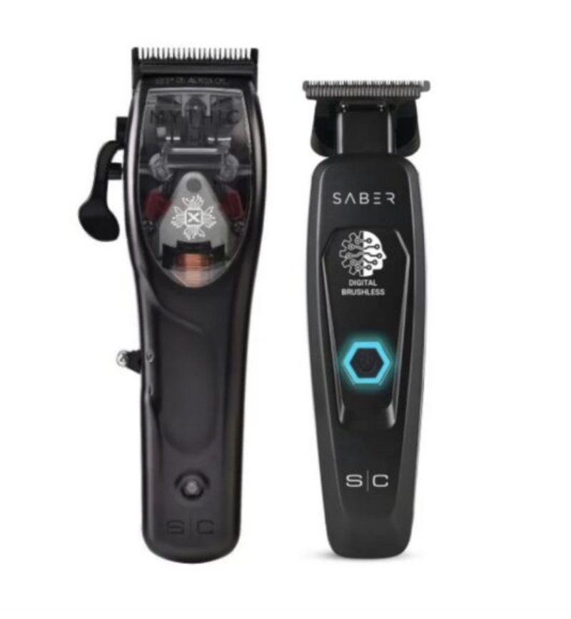 StyleCraft S|C Mythic & Saber Black Combo – Black Metal Body Cordless Clipper & Black Trimmer Duo